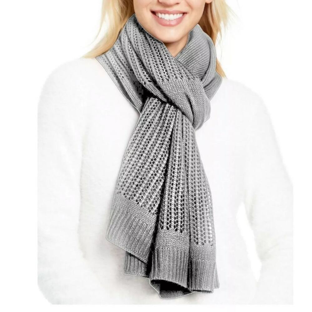 DKNY NEW Heather Grey Open Knitted Blocked Scarf Lightweight Packable